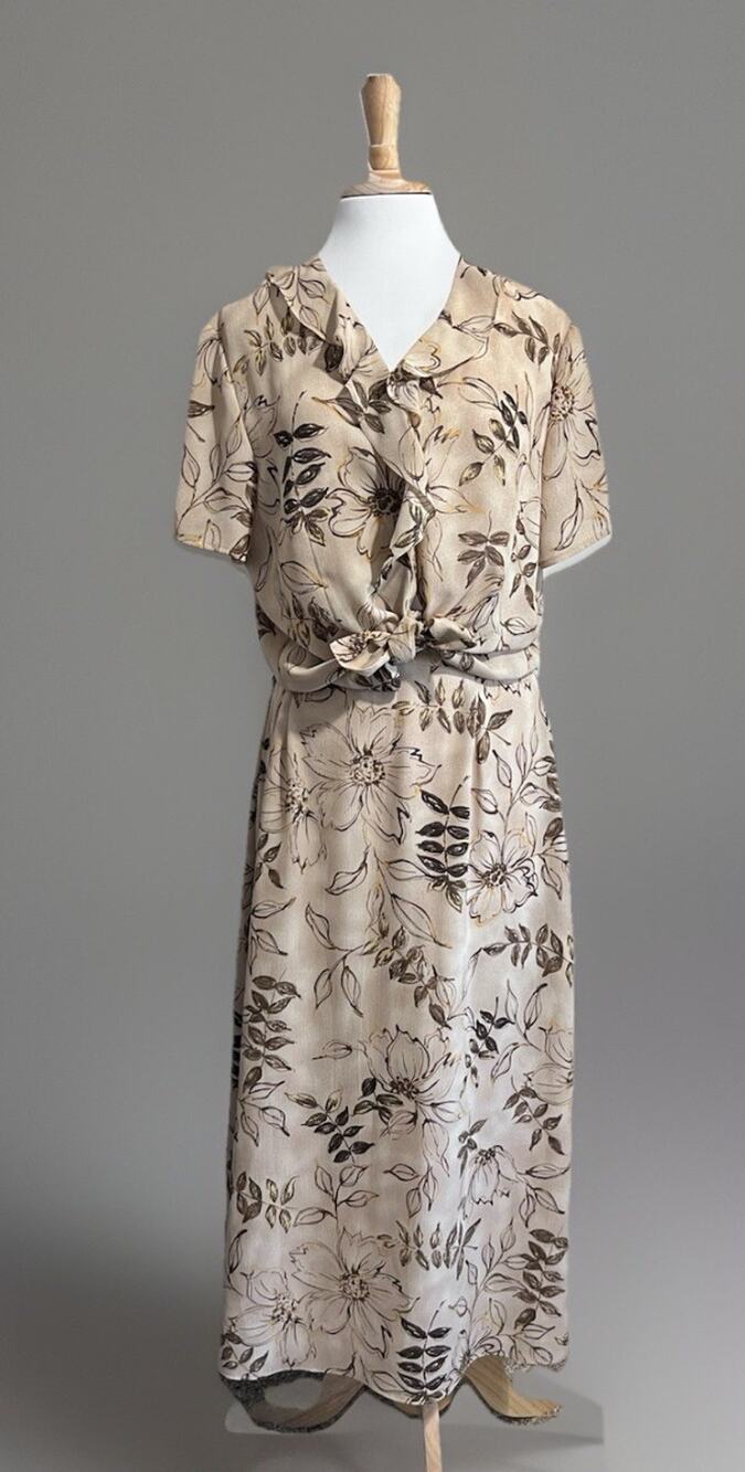 LAURA SCOTT Women's L 2pc Skirt Set Ruffles Tan Brown Natural Earthy Floral
